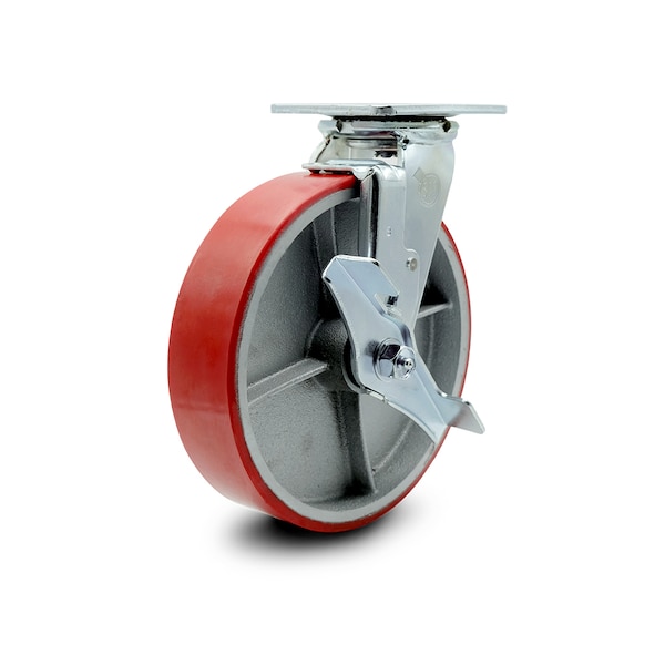 8 Inch Red Poly on Cast Iron Swivel Caster with Ball Bearing and Brake SCC